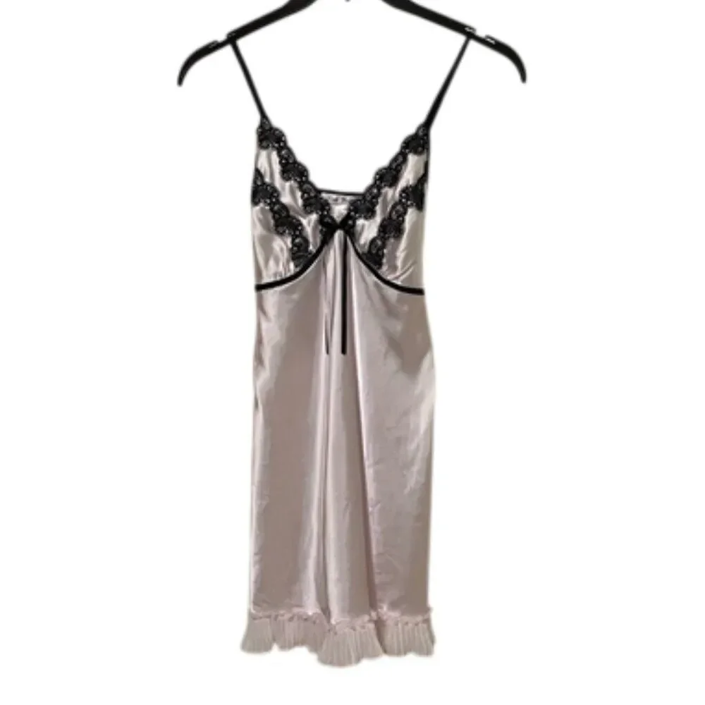 Linea Donatella Pink Satin Chemise Nightgown Lace Ruffle Hem Womens Medium